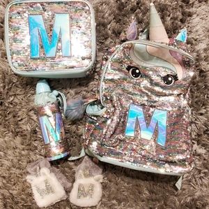 Unicorn backpack, lunchbox, waterbottle & gloves bundle